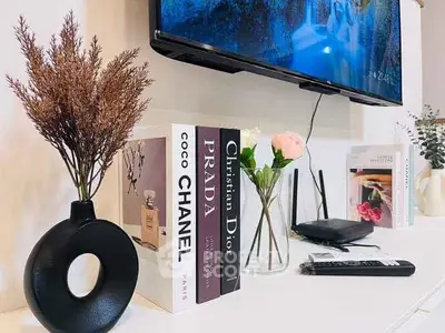 Stylish living room decor with designer books and modern TV setup.