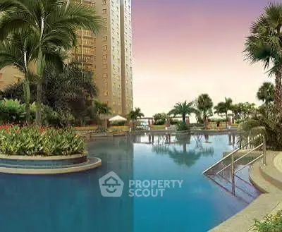 Luxurious residential pool area with lush landscaping and modern design