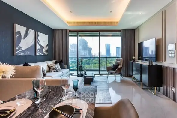Luxurious modern living room with city view, elegant decor, and spacious layout.