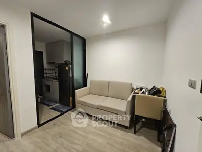 Modern apartment interior with cozy living room and kitchen area