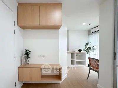 Modern minimalist interior with wooden cabinets and stylish decor