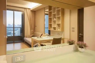 Modern living room with city view, featuring stylish furniture and natural light.