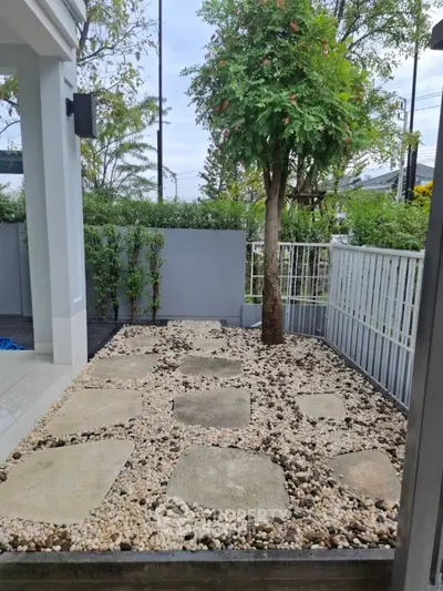 Charming garden area with stone pathway and lush greenery in modern residential setting.
