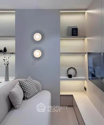 Modern living room with sleek built-in shelves and ambient lighting