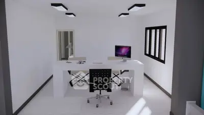Modern minimalist study room with sleek desk and computer setup.