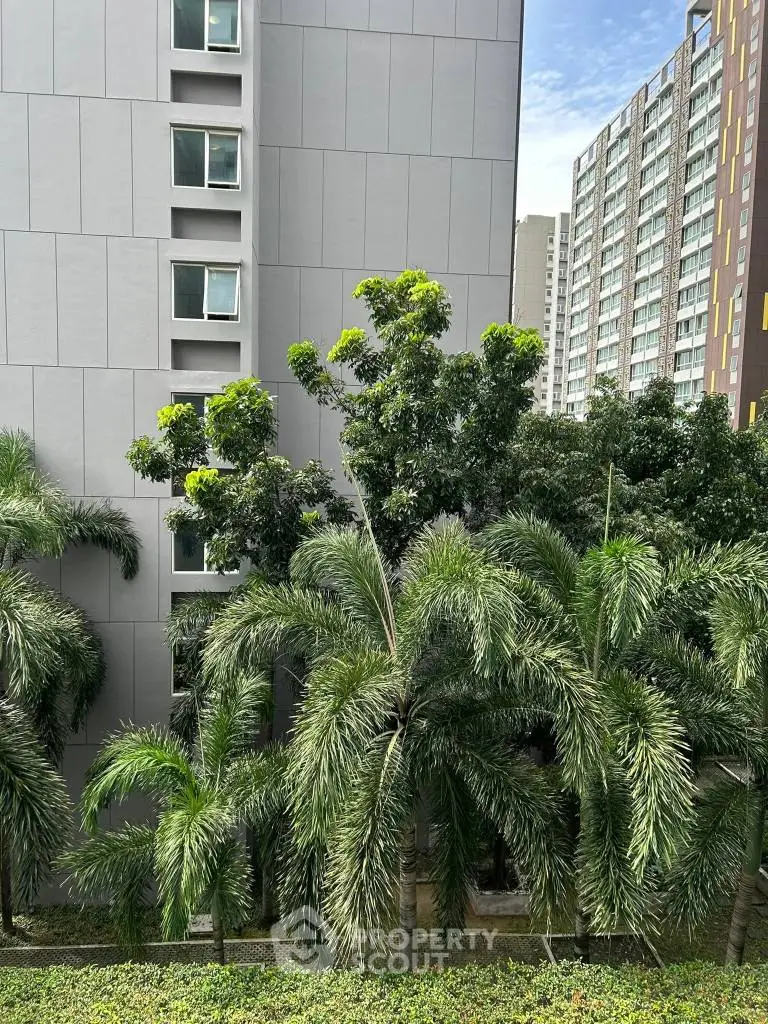 Modern urban building exterior with lush greenery and palm trees