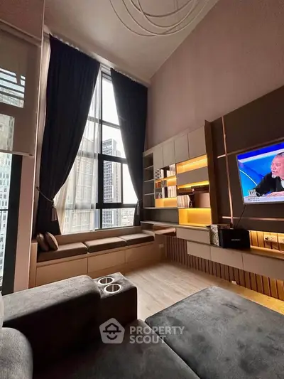 Luxurious high-ceiling living room with modern decor and large windows offering stunning city views.