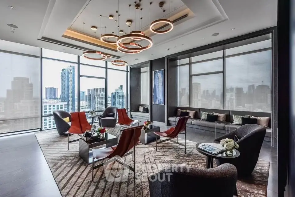 Luxurious modern living room with stunning city skyline view and elegant furnishings.