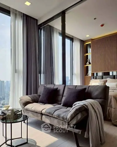 Luxurious modern living room with stunning city view and elegant decor