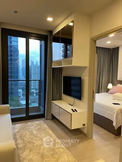 Modern apartment living room with city view and cozy bedroom