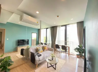 Modern living room with large windows and stylish decor