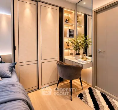 Modern bedroom with built-in wardrobe and cozy study nook