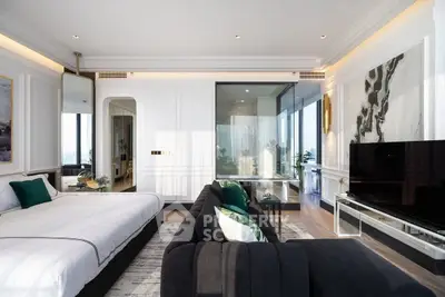 Luxurious bedroom with modern decor and stunning city view