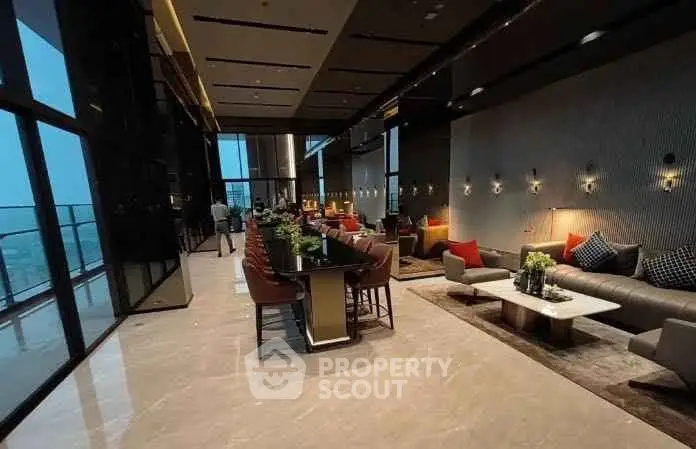 Luxurious modern living room with panoramic city views and elegant decor