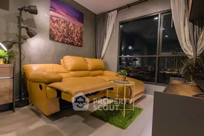 Modern living room with stylish yellow sofa and city view window