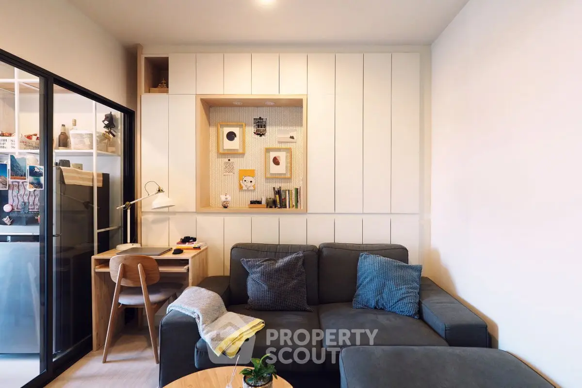 Cozy modern living room with stylish decor and workspace