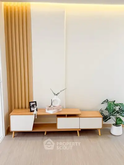 Modern minimalist living room with stylish wooden furniture and decorative plant.