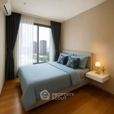 Modern bedroom with city view, featuring elegant decor and natural light.
