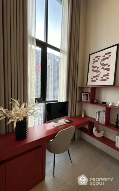 Modern study room with large window and stylish red desk