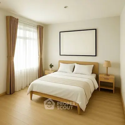 Elegant bedroom with minimalist decor, featuring a cozy bed, bedside tables, and natural light through large window.