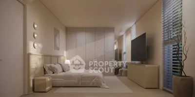 Luxurious modern bedroom with elegant decor and large windows for natural light.