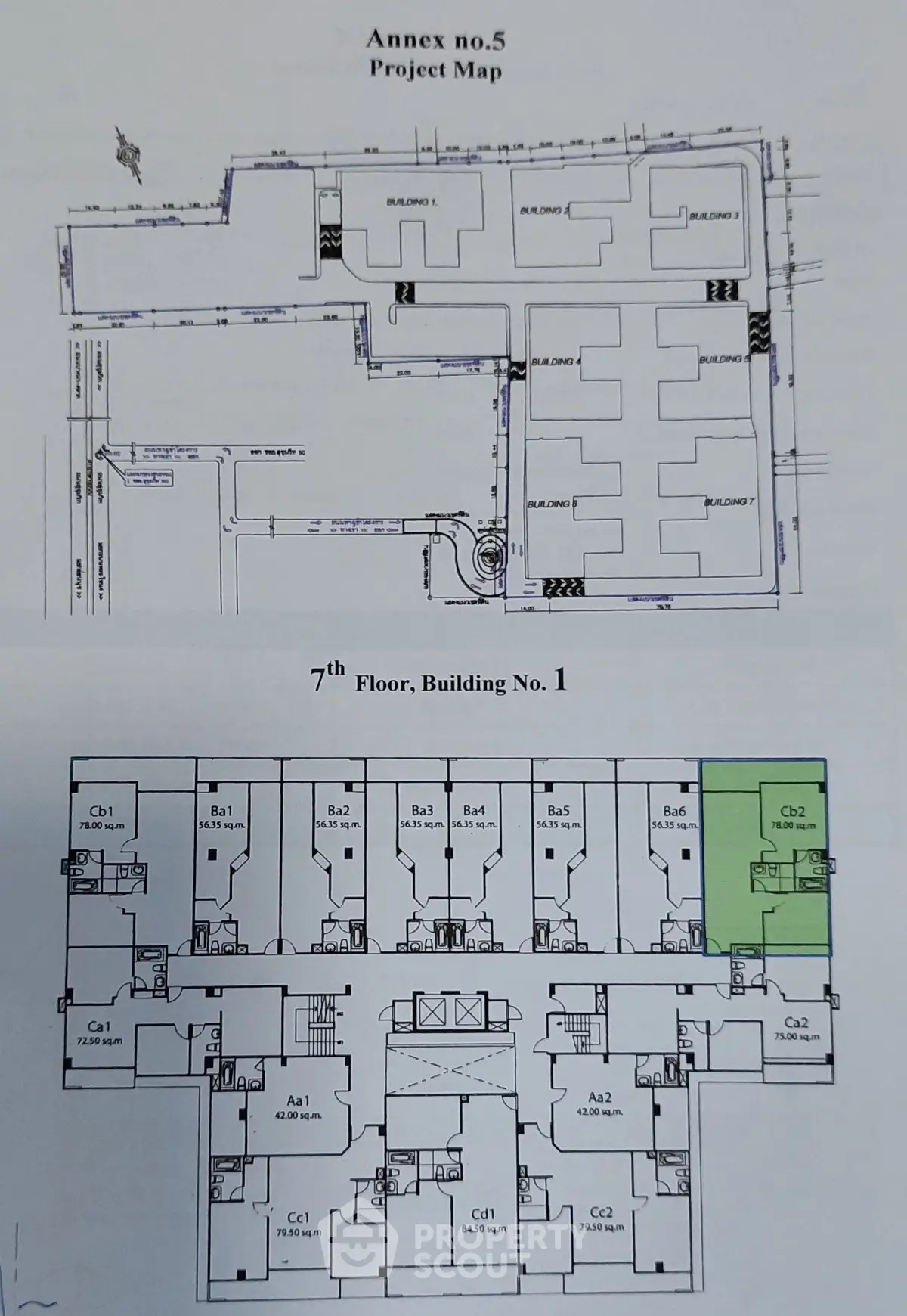 Detailed floor plan of Annex no.5, 7th floor, Building No. 1 with unit layouts.