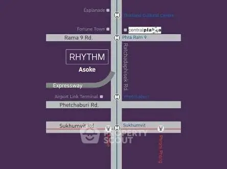 Map showing location of Rhythm Asoke near major roads and landmarks in Bangkok.