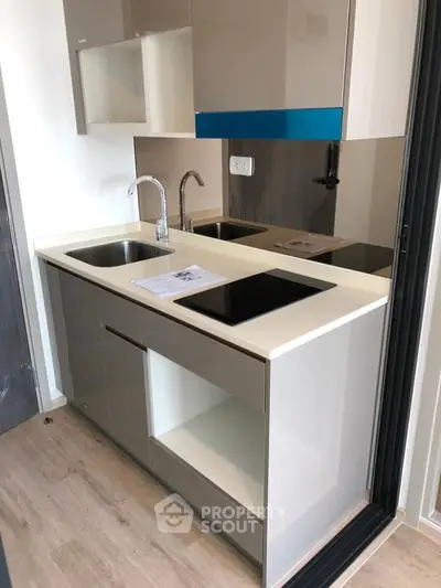 Modern compact kitchen with sleek cabinetry and dual sinks, featuring an electric cooktop and contemporary design.