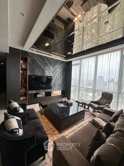Luxurious modern living room with panoramic city view, featuring elegant furniture and stylish decor.