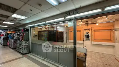 Vacant retail space in a shopping mall with glass storefront and overhead lighting.