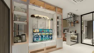 Modern living room with stylish entertainment center and open kitchen layout
