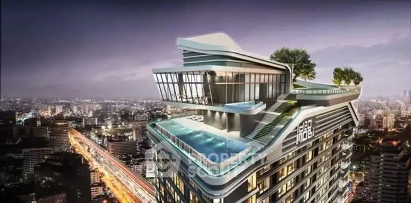 Stunning rooftop pool and modern architecture with panoramic city views at night.