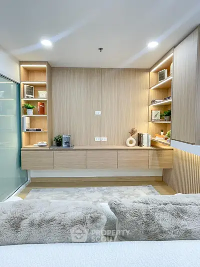 Modern living room with built-in shelves and cozy decor