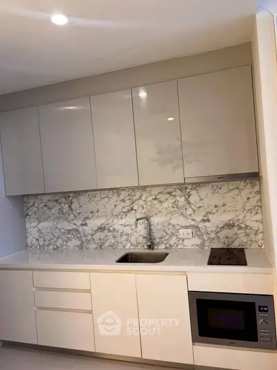 Modern kitchen with sleek cabinetry and marble backsplash, featuring built-in microwave and electric cooktop.