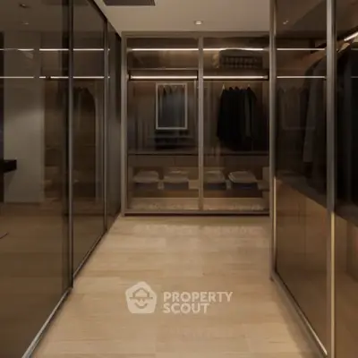Luxurious walk-in closet with sleek glass doors and ample storage space.
