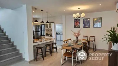 Modern dining area with stylish decor and open kitchen layout