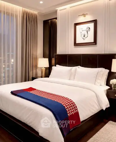 Luxurious bedroom with elegant decor and city view, featuring a plush bed and ambient lighting.