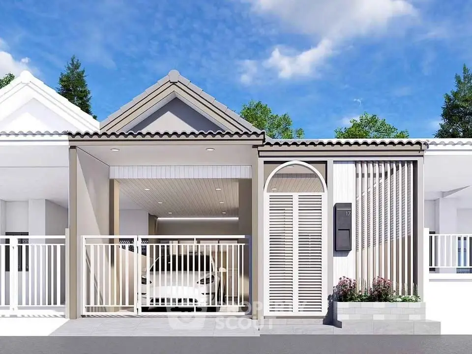Modern single-story house with gated entrance and carport, featuring sleek design and neutral colors.