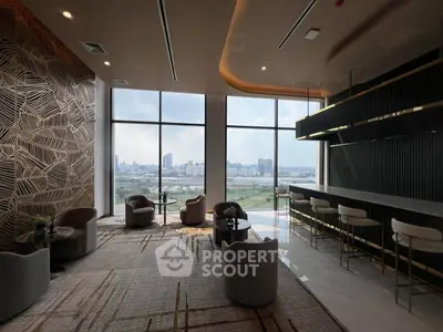 Luxurious modern living room with panoramic city view and elegant decor