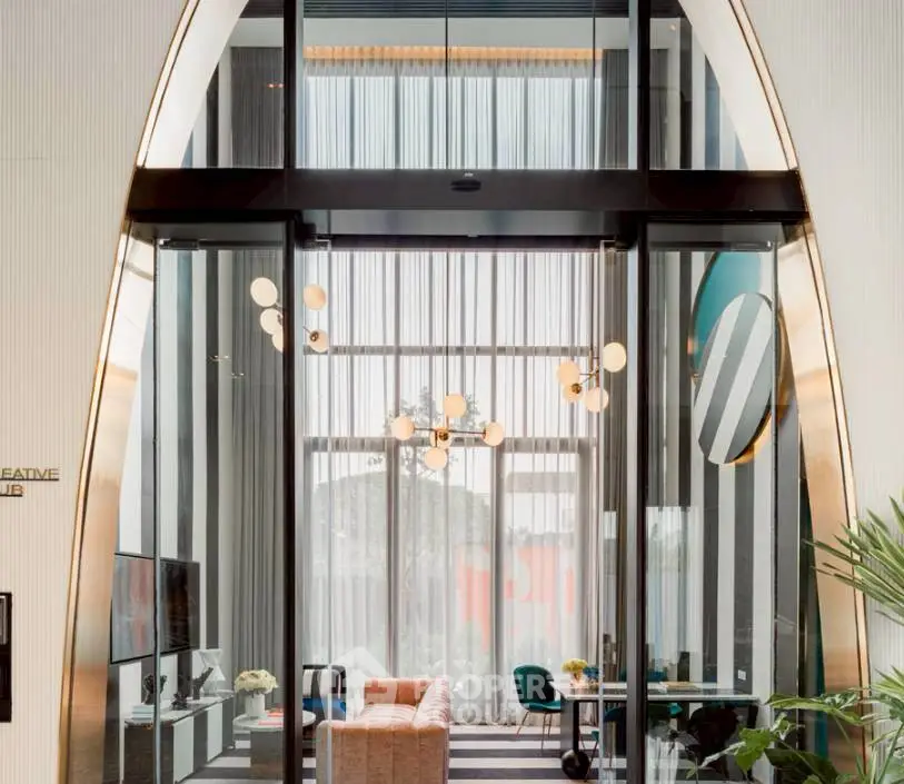 Luxurious modern living room with high ceilings and elegant decor in a stylish apartment.