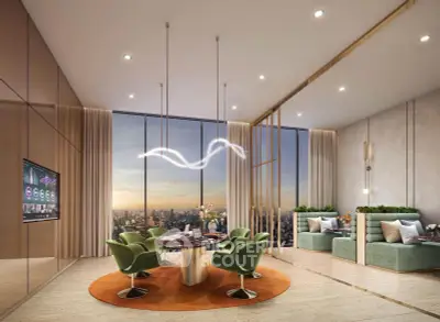 Luxurious modern living room with panoramic city view and elegant decor