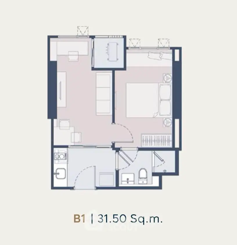 Modern 31.50 Sq.m. apartment floor plan with efficient layout and stylish design.