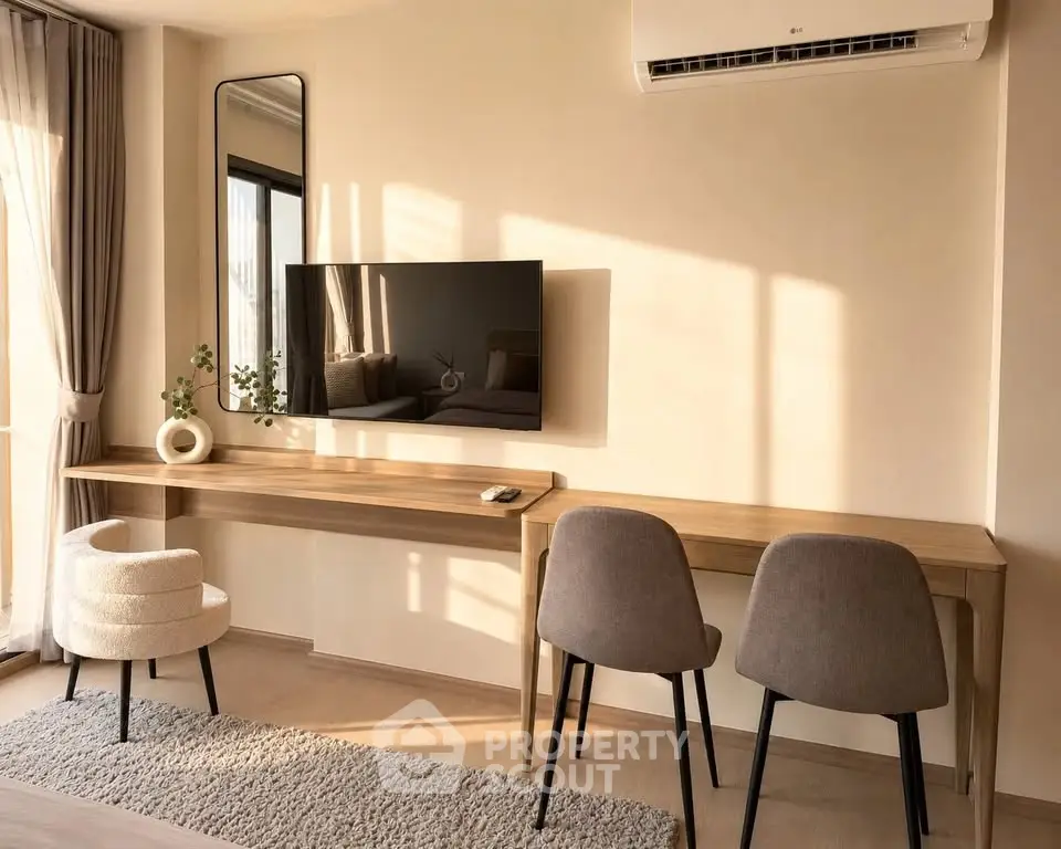Modern living room with stylish furniture, wall-mounted TV, and large window for natural light.