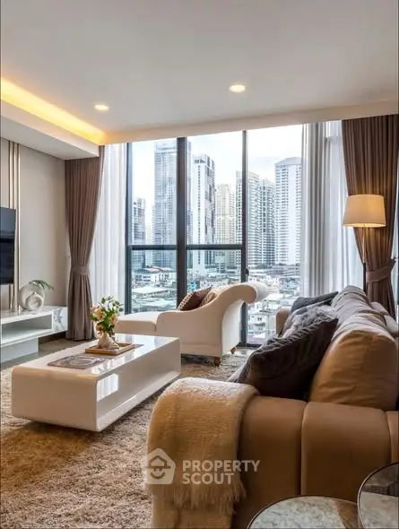 Luxurious living room with stunning city view, elegant furniture, and modern decor.
