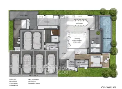 Luxurious first floor plan with pool, parking, and spacious living areas.