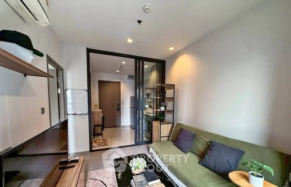 Modern living room with stylish decor and cozy seating area