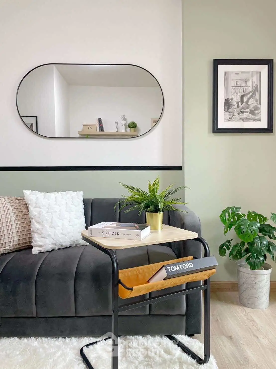 Stylish living room with modern decor, featuring a sleek sofa, elegant mirror, and lush green plants.