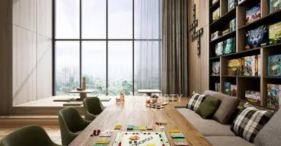 Luxurious living room with floor-to-ceiling windows and board game setup, offering stunning city views.