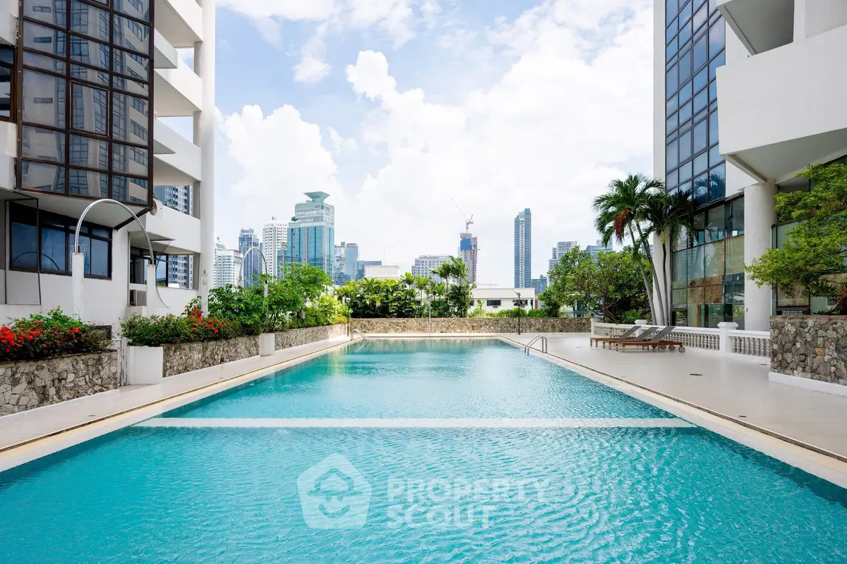 Luxurious urban pool with city skyline view, perfect for relaxation and leisure.