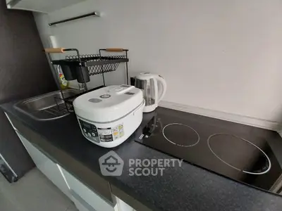 Modern kitchen with sleek countertop, induction stove, and rice cooker